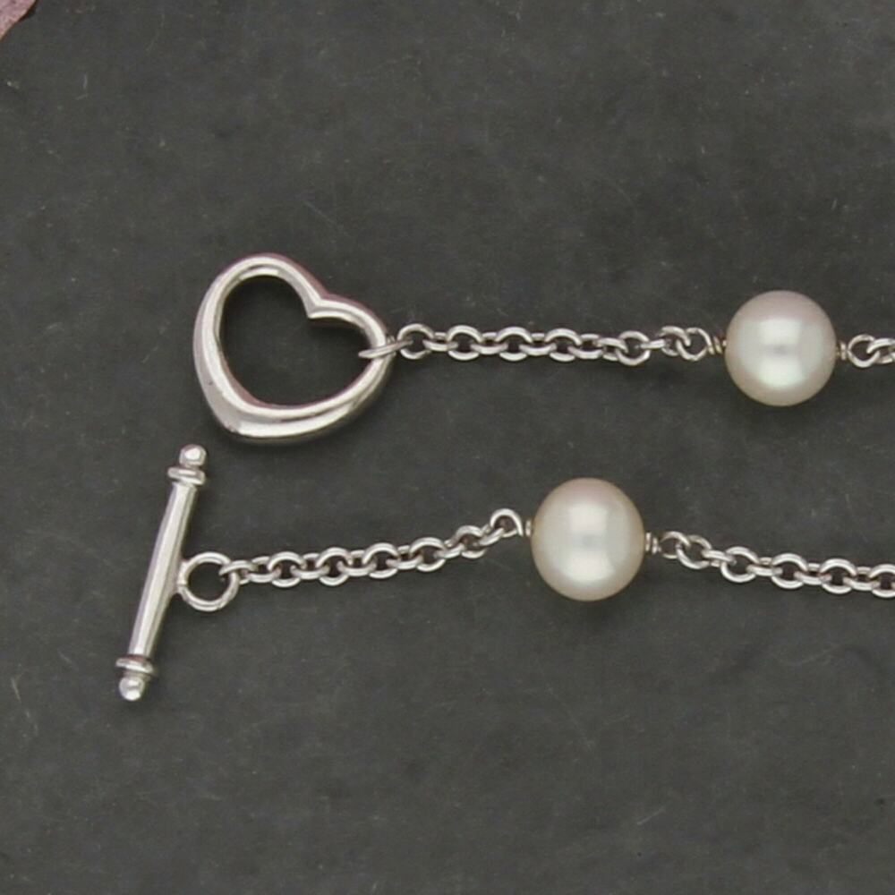 sterling silver pearl & heart station toggle bracelet size 7.5in - Picture 3 of 3